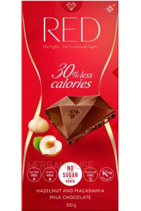 Obrázek pro Red Delight Mléčná čokoláda s lískovými a makadamovými oříšky a sladidlem (100g)