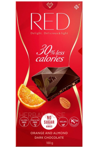 Obrázek pro Red Delight Hořká čokoláda s pomerančovou kůrou, kousky mandlí a sladidlem (100g)