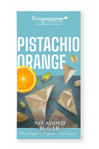 Obrázek pro Benjamissímo Pistachio Orange Bio Veganská čokoláda s pistáciovou pastou, praženými pistáciemi a pomerančovým olejem, slazená erytritolem (60g)