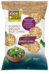 Obrázek pro RiceUP! Bezlepkové celozrnné rýžové chipsy z hnědé rýže s řeckým oreganem (60g)