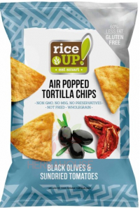Obrázek pro Rice Up Bezlepkový Tortilla chips kukuřičný s příchutí černých oliv a sušených rajčat (60g)