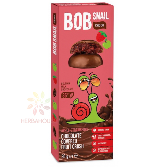 Obrázek pro Bob Snail Choco Ovocná pochoutka v čokoládě bez přidaného cukru - jablko, jahoda (30g)