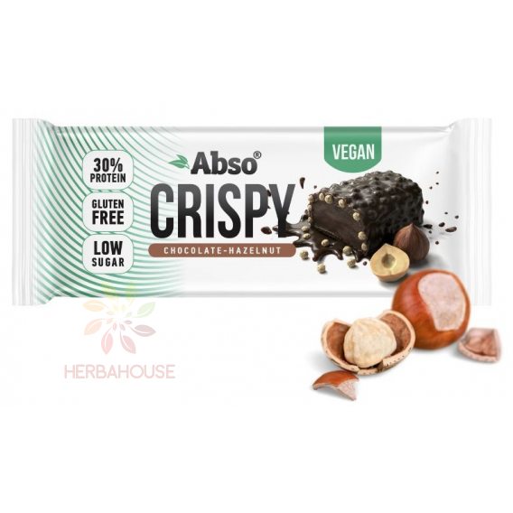 Obrázek pro Abso Vegan Crispy Bezlepková proteinová tyčinka máčená v hořké čokoládě se sladidly - čokoláda a lískové oříšky (50g)