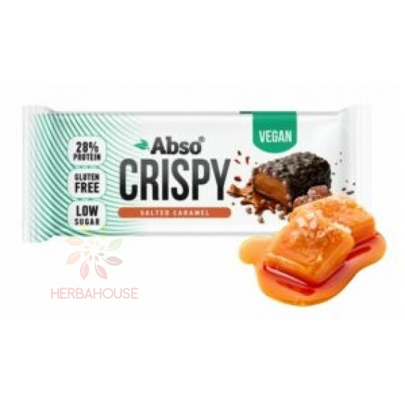 Obrázek pro Abso Vegan Crispy Bezlepková proteinová tyčinka máčená v hořké čokoládě se sladidly - slaný karamel (50g)