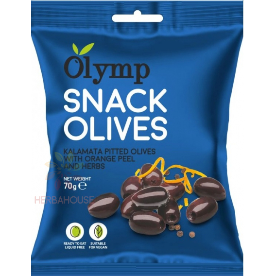 Obrázek pro Olymp Snack Olivy Kalamata bez pecky s pomerančovou kůrou a bylinkami (70g)