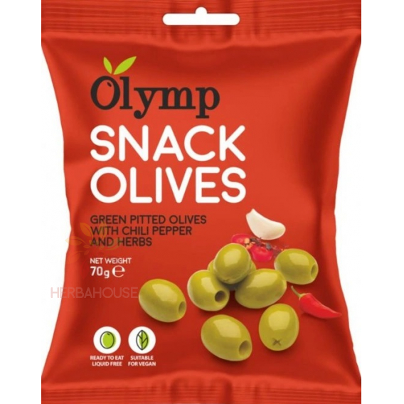 Obrázek pro Olymp Snack Zelené Olivy bez pecky s chilli paprikou a bylinkami (70g)