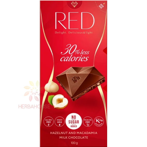 Obrázek pro Red Delight Mléčná čokoláda s lískovými a makadamovými oříšky a sladidlem (100g)