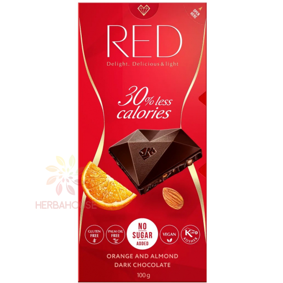 Obrázek pro Red Delight Hořká čokoláda s pomerančovou kůrou, kousky mandlí a sladidlem (100g)