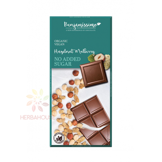 Obrázek pro Benjamissímo Hazelnut Mulberry Bio Veganská čokoláda s lískooříškovou pastou, lískovci a morušou, slazená erytritolem (60g)