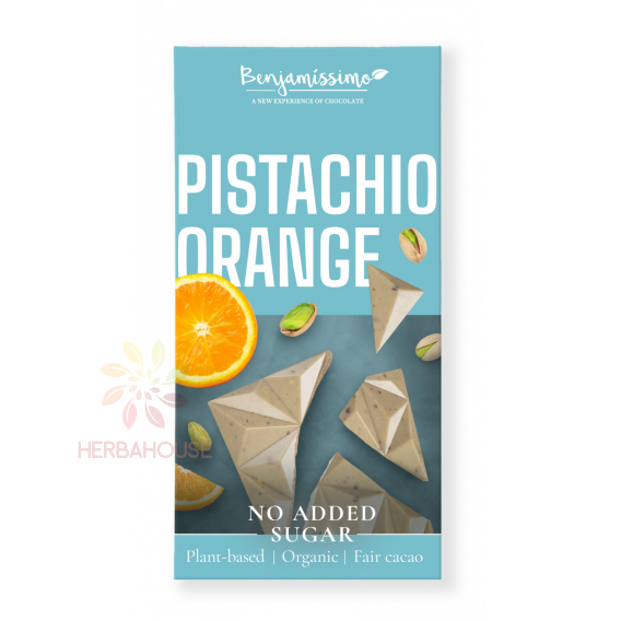 Obrázek pro Benjamissímo Pistachio Orange Bio Veganská čokoláda s pistáciovou pastou, praženými pistáciemi a pomerančovým olejem, slazená erytritolem (60g)