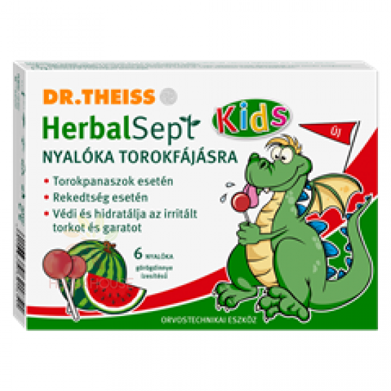 Obrázek pro Dr.Theiss HerbalSept Kids lízátka na bolest v krku s příchutí červeného melounu (6ks)