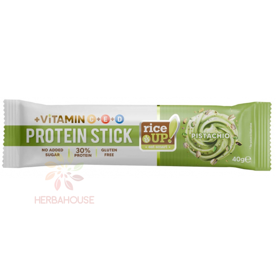 Obrázek pro RiceUP! Protein Stick Bezlepková proteinová tyčinka pistáciová v mléčné čokoládě bez přidaného cukru (40g)