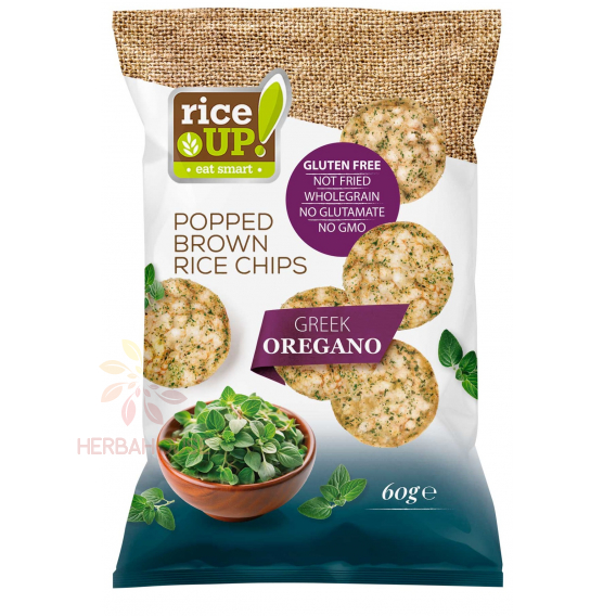 Obrázek pro RiceUP! Bezlepkové celozrnné rýžové chipsy z hnědé rýže s řeckým oreganem (60g)