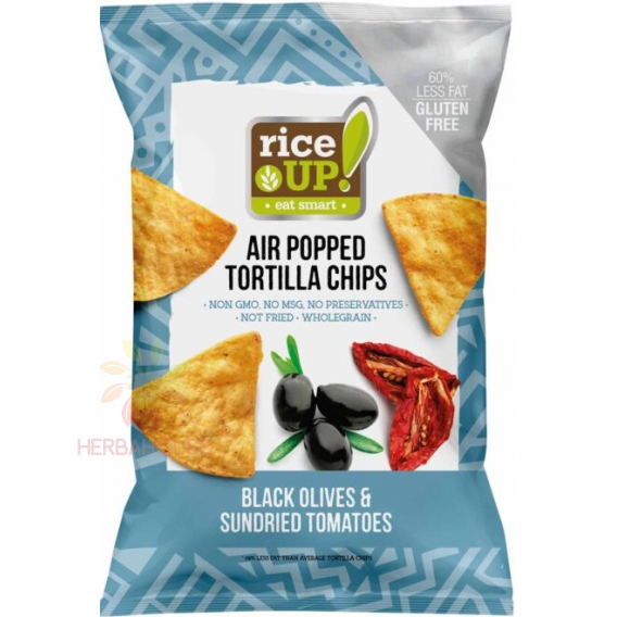 Obrázek pro Rice Up Bezlepkový Tortilla chips kukuřičný s příchutí černých oliv a sušených rajčat (60g)