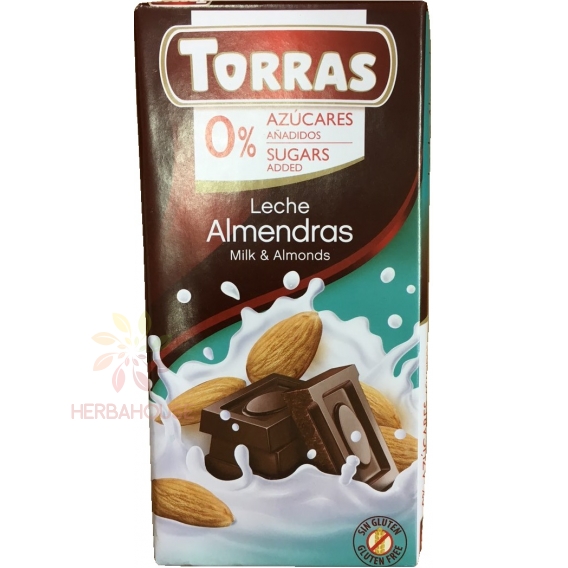 Obrázek pro Torras Bezlepková mléčná čokoláda s mandlemi bez přidaného cukru (75g)