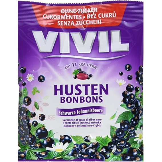 Obrázek pro Vivil Husten Bonbons drops bez cukru černý rybíz s 11 bylinami (60g)