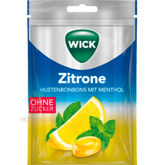 Obrázek pro Wick Mentolové bonbóny na hrdlo bez cukru se sladidlem s příchutí citrónu (72g)