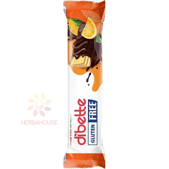 Obrázek pro Dibette NAS Bezlepková oplatka plněná krémem s pomerančovou příchutí v hořké čokoládě se sladidlem (26g)