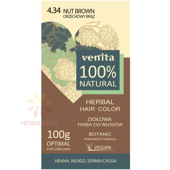 Obrázek pro Venita 100% přírodní barva na vlasy 4.34 - oříškově hnědá (100g)